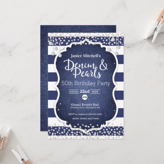 Denim en Parels Verjaardag Uitnodiging (Voorkant / Achterkant in situ)