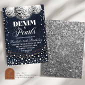 Denim en parels volwassen verjaardagsfeestje kaart