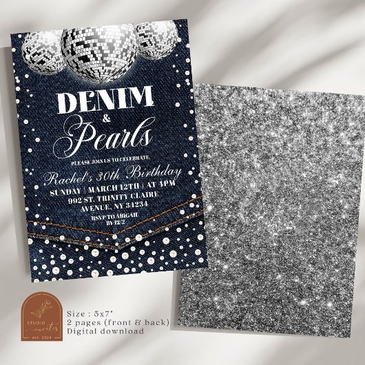 Denim en parels volwassen verjaardagsfeestje kaart