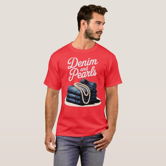 Denim en parels voor dames 2025 Denim met parels T-shirt (Voorkant volledig)