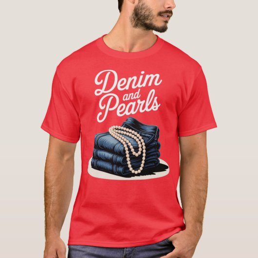 Denim en parels voor dames 2025 Denim met parels T-shirt (Voorkant)