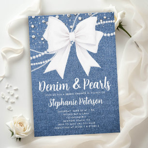 Denim en Parels Witte Strik Blauw Chic Bruidsfeest Kaart