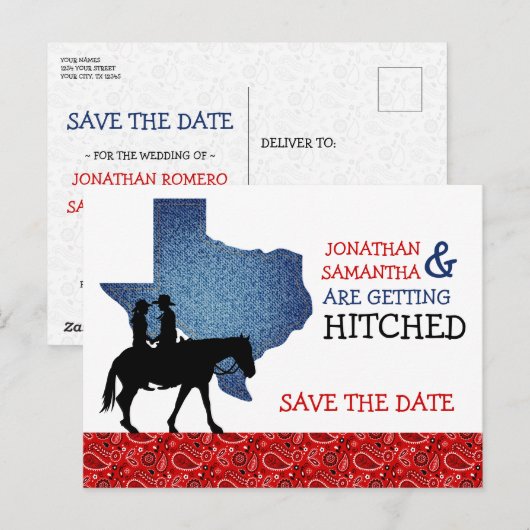Denim en Red Bandana Texas slaan de datum op Briefkaart (Voorkant / Achterkant)