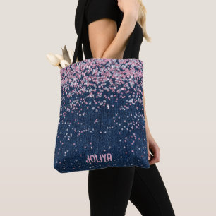 Denim en Roze Glitter Patroon Tote Bag