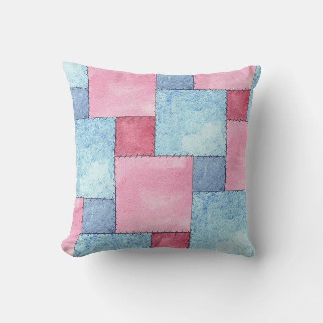 Denim Faux Patchwork, Pinks, Blues Kussen (Voorkant)