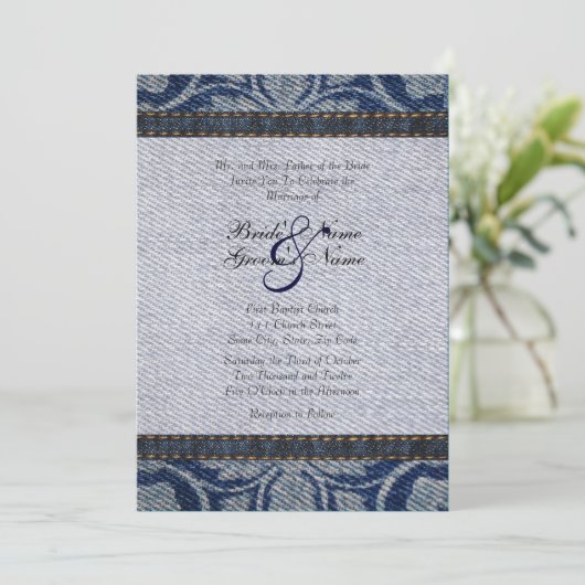  Denim Floral Wedding Uitnodiging (Staand voorkant)