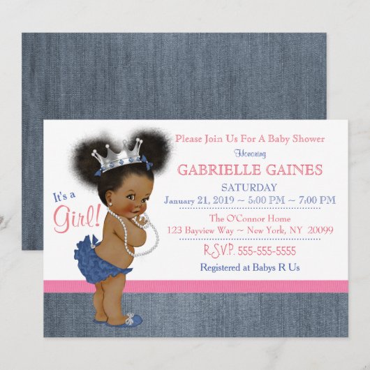 Denim Girl Baby shower Uitnodiging gepersonaliseer (Voorkant / Achterkant)