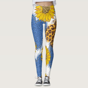Denim Harten Luipaard Zonnebloemen Patroon Leggings