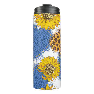 Denim Harten Luipaard Zonnebloemen Patroon Thermosbeker