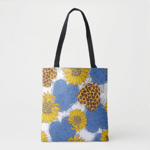 Denim Harten Luipaard Zonnebloemen Patroon Tote Bag