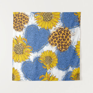 Denim Harten Luipaard Zonnebloemen Patroon Wandkleed