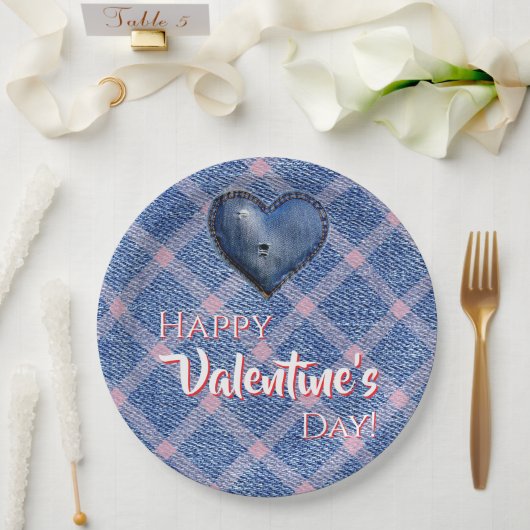 Denim Heart Valentine's Day Party Plaid Papieren Bordje (Huwelijk)