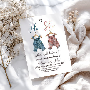 Denim hij of zij waslijn gender reveal party kaart