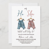Denim hij of zij waslijn gender reveal party kaart (Voorkant)