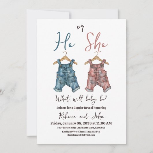 Denim hij of zij waslijn gender reveal party kaart (Voorkant)