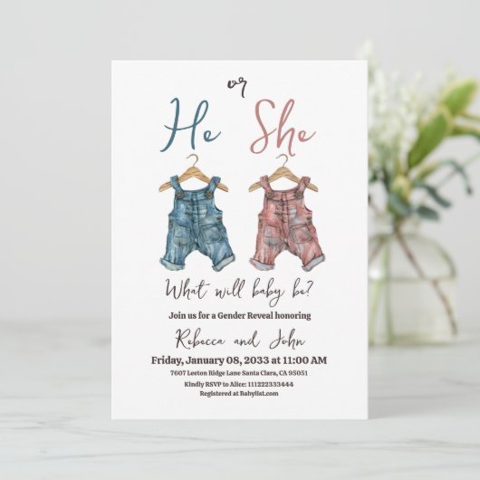 Denim hij of zij waslijn gender reveal party kaart (Staand voorkant)