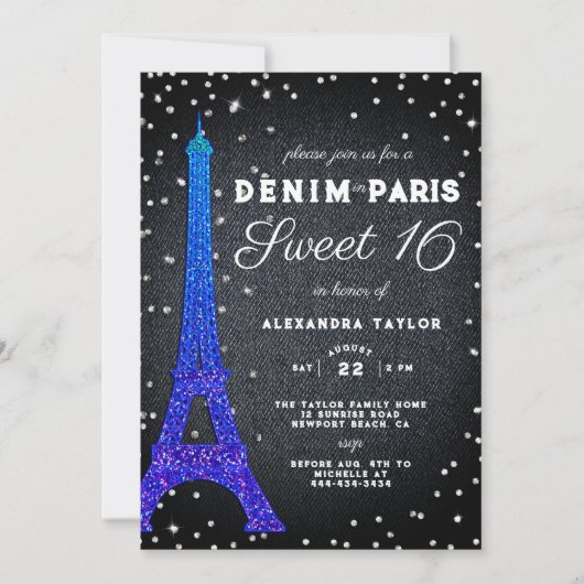 Denim in Parijs Glitter Minimalist Rustic Sweet 16 Kaart (Voorkant)