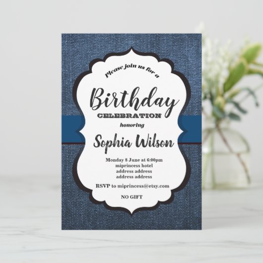 Denim Invitation, verjaardagsfeest Kaart (Staand voorkant)