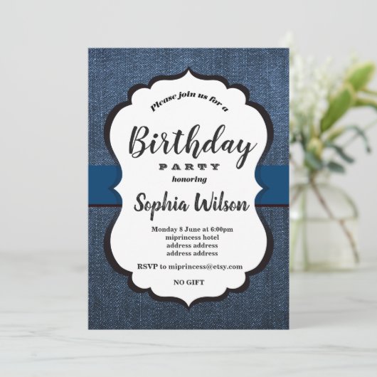 Denim Invitation, verjaardagsfeest Kaart (Staand voorkant)