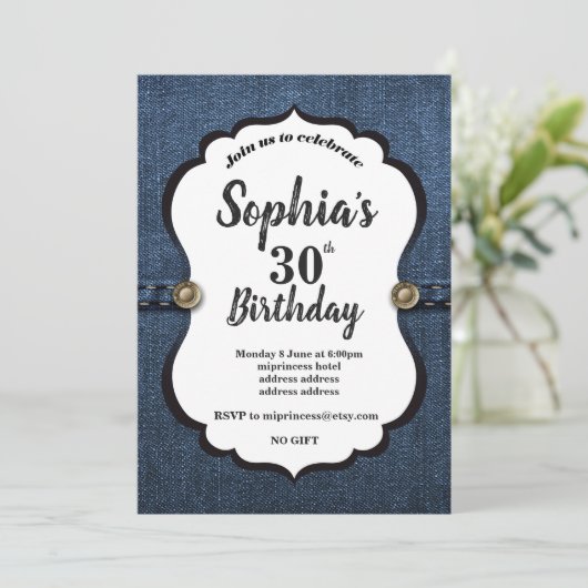 Denim Invitation, verjaardagsfeest Kaart (Staand voorkant)