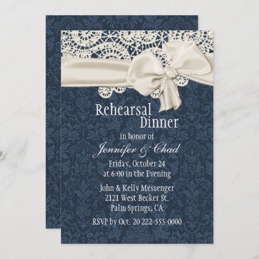 Denim & Ivory Lace Wedding Rehearsal Dinner Kaart (Voorkant / Achterkant)