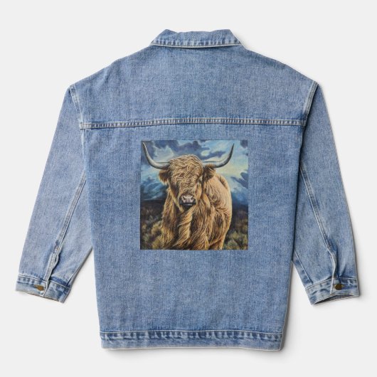 Denim Jacket met een moedige highlander koe (Achterkant)