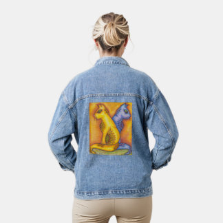 Denim Jacket With Floral Cats Pencil Art