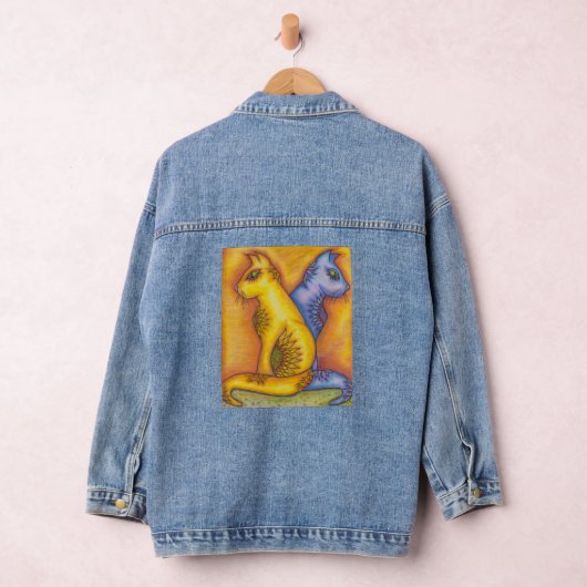 Denim Jacket With Floral Cats Pencil Art (Hangar)