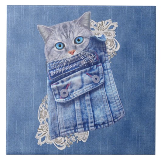 Denim Jean pockets, Kittens en Lace Tegeltje (Voorkant)