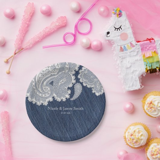 Denim Jean & White Lace Elegant Bridal Wedding Papieren Bordje (Feest)