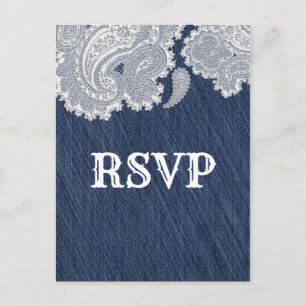 Denim Jean & White Lace Elegant Wedding RSVP Uitnodiging Briefkaart
