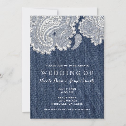 Denim Jean & White Lace Wedding Invitations Kaart (Voorkant)