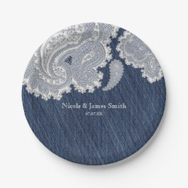 Denim Jean & Witte Kant Elegante Bruiloft Papieren Bordje
