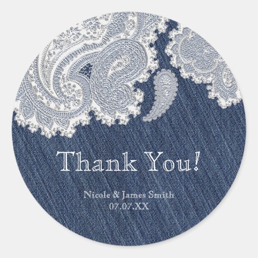 Denim Jean & Witte Kant Elegante Bruiloft Ronde Sticker (Voorkant)