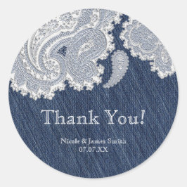 Denim Jean & Witte Kant Elegante Bruiloft Ronde Sticker