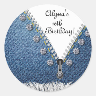 Denim Jeans gerafeld & Diamonds Ronde Sticker Labe