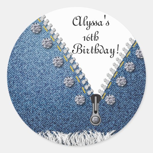 Denim Jeans gerafeld & Diamonds Ronde Sticker Labe (Voorkant)