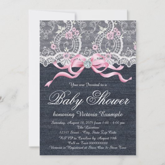 Denim Lace Diamond Bow Baby shower Kaart (Voorkant)
