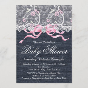 Denim Lace Diamond Bow Baby shower Kaart