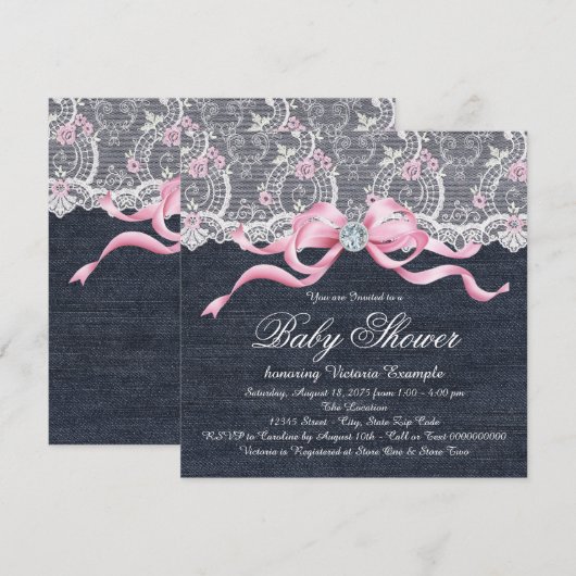 Denim Lace Diamond Bow Baby shower Kaart (Voorkant / Achterkant)