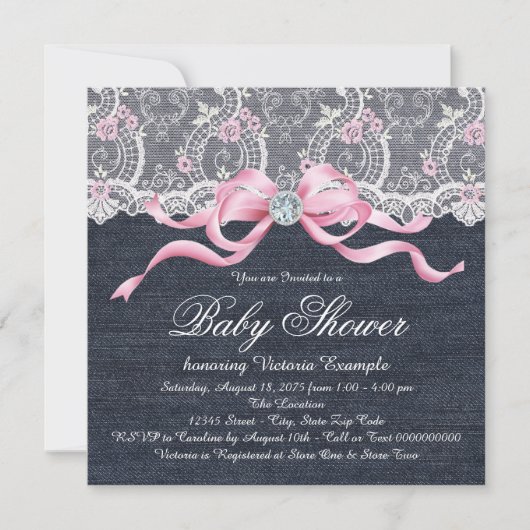 Denim Lace Diamond Bow Baby shower Kaart (Voorkant)