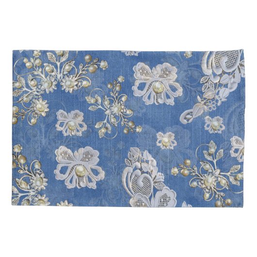 Denim - Lace Ivory Pearls herkent Patroon Kussensloop (Achterkant)