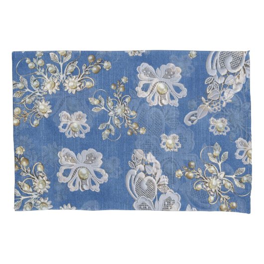 Denim - Lace Ivory Pearls herkent Patroon Kussensloop (Voorkant)