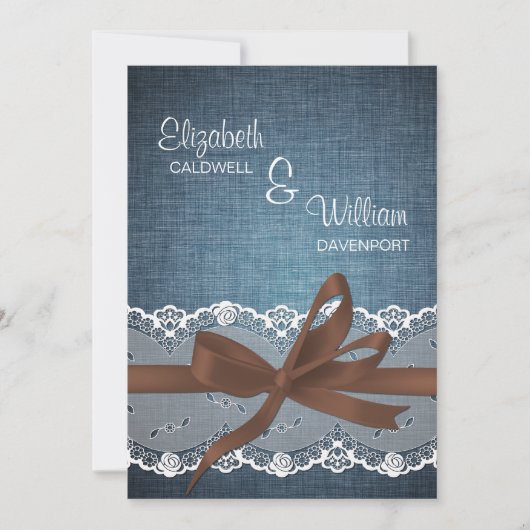 Denim Lace Ribbon & Bow Wedding Invitation Kaart (Voorkant)
