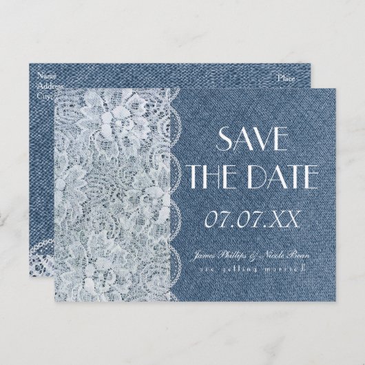 Denim & Lace Rustieke Save The Date Huwelijksansic Aankondigingskaart (Voorkant / Achterkant)