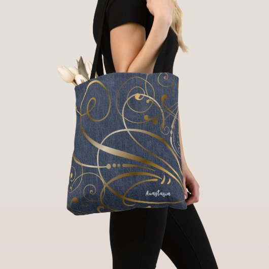 Denim look met Gold Flourishes op maat Tote Bag (Dichtbij)