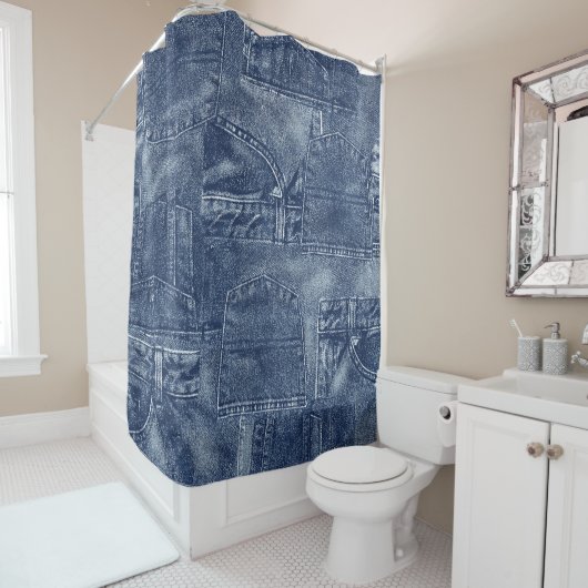 Denim materiaal in een patchwork pocket patroon. douchegordijn (In situ)