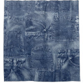 Denim materiaal in een patchwork pocket patroon. douchegordijn (Voorkant)