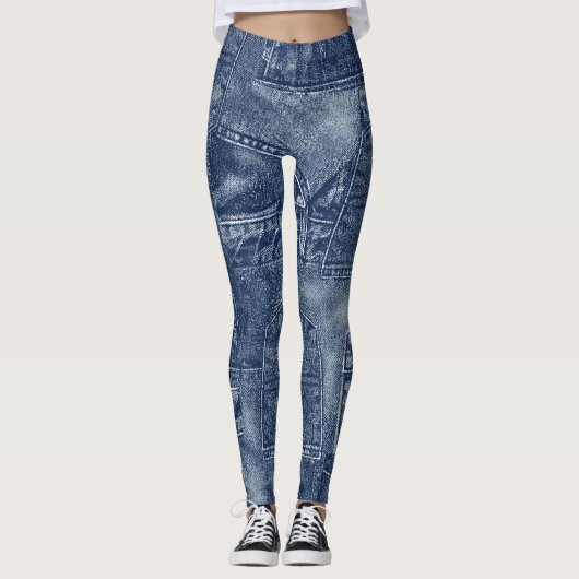 Denim materiaal in een patchwork pocket patroon. leggings (Voorkant)