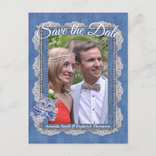 Denim met Cream Flower Kant en een Kitten Aankondigingskaart (Voorkant)